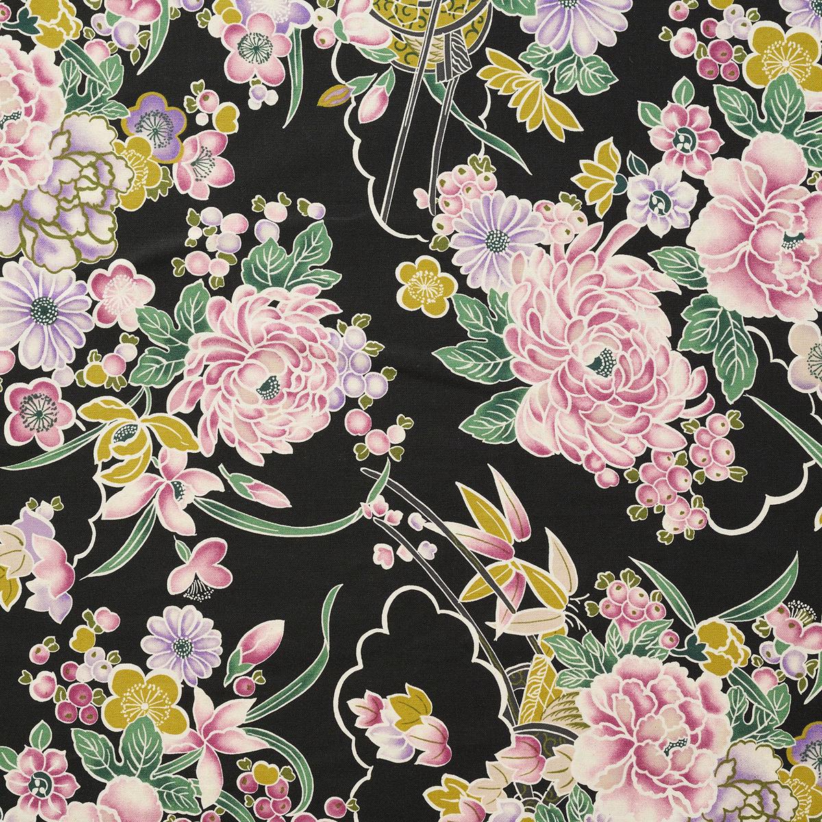 Japanese Floral Prints Cotton Sheeting - Black YKA-19100-1