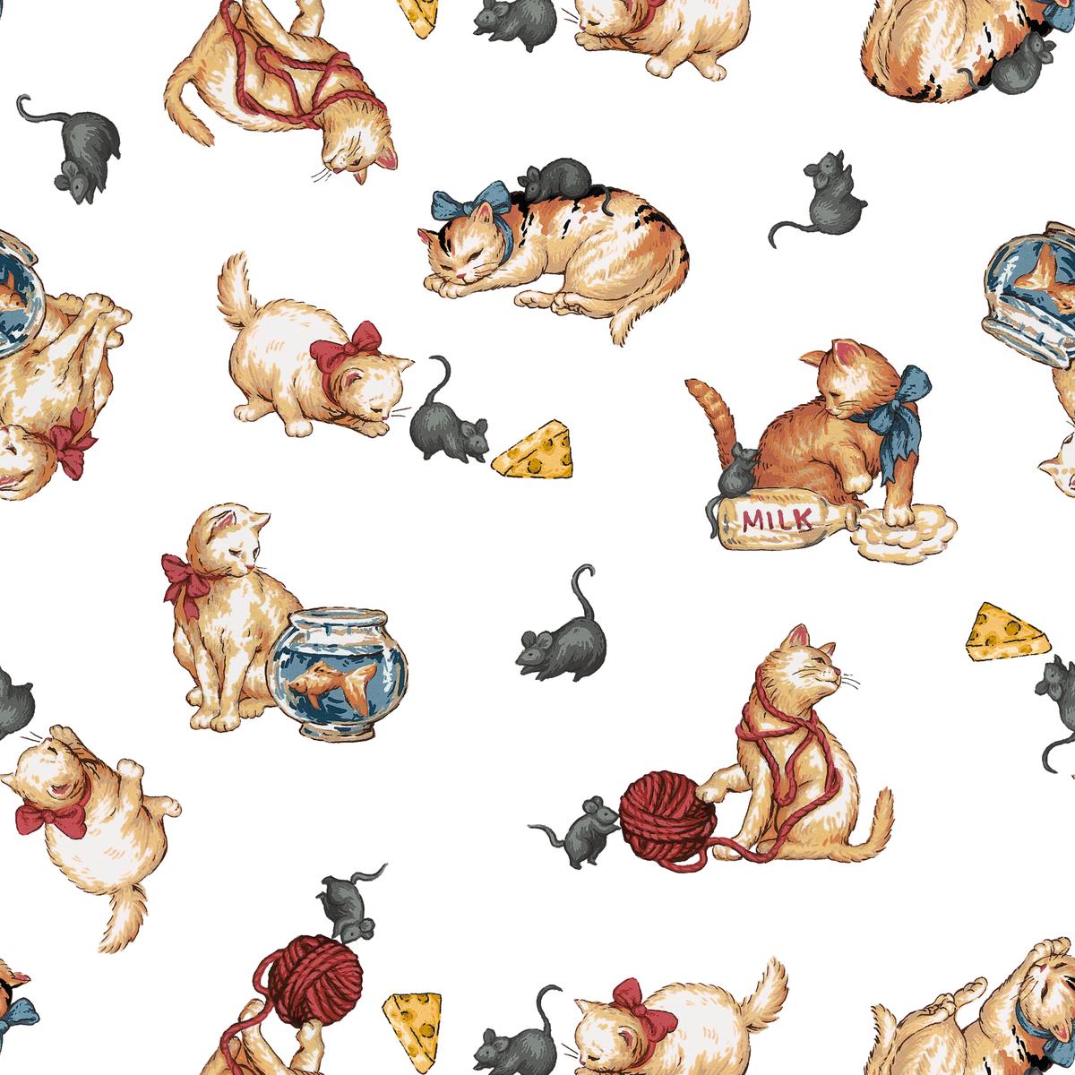 Mischievous Kitty on White Fabric