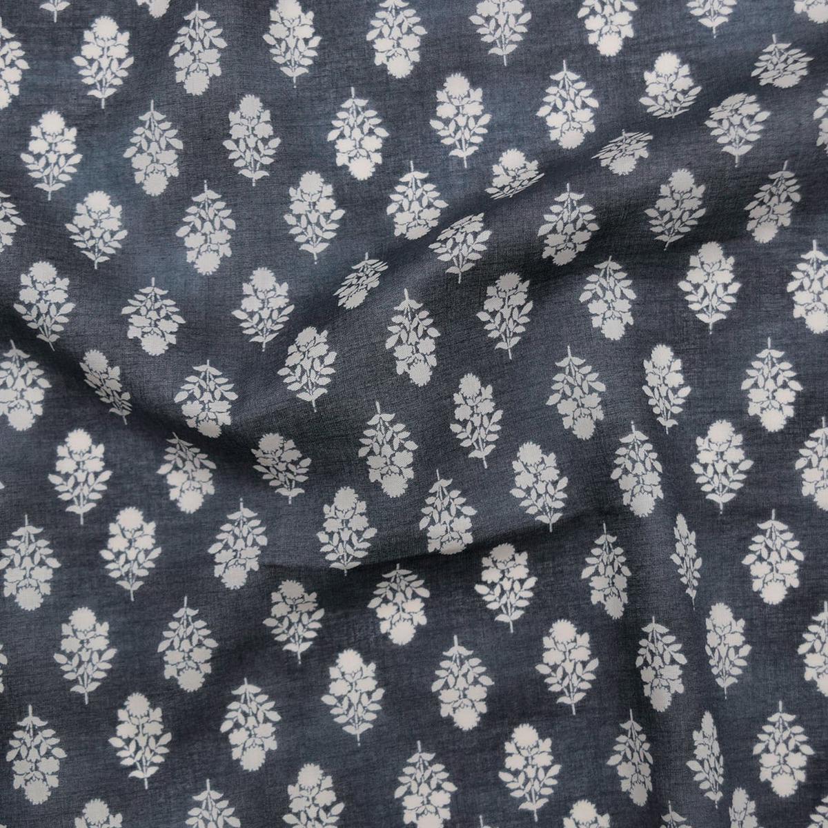 Vintage Floral Silhouette Block Print-inspired Cotton Lawn - Grey NFA-3100-102