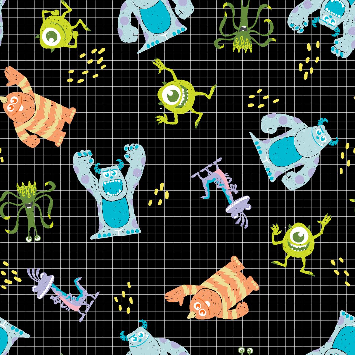 Disney and Pixar's Monsters, Inc. Black Grid Character Fabric