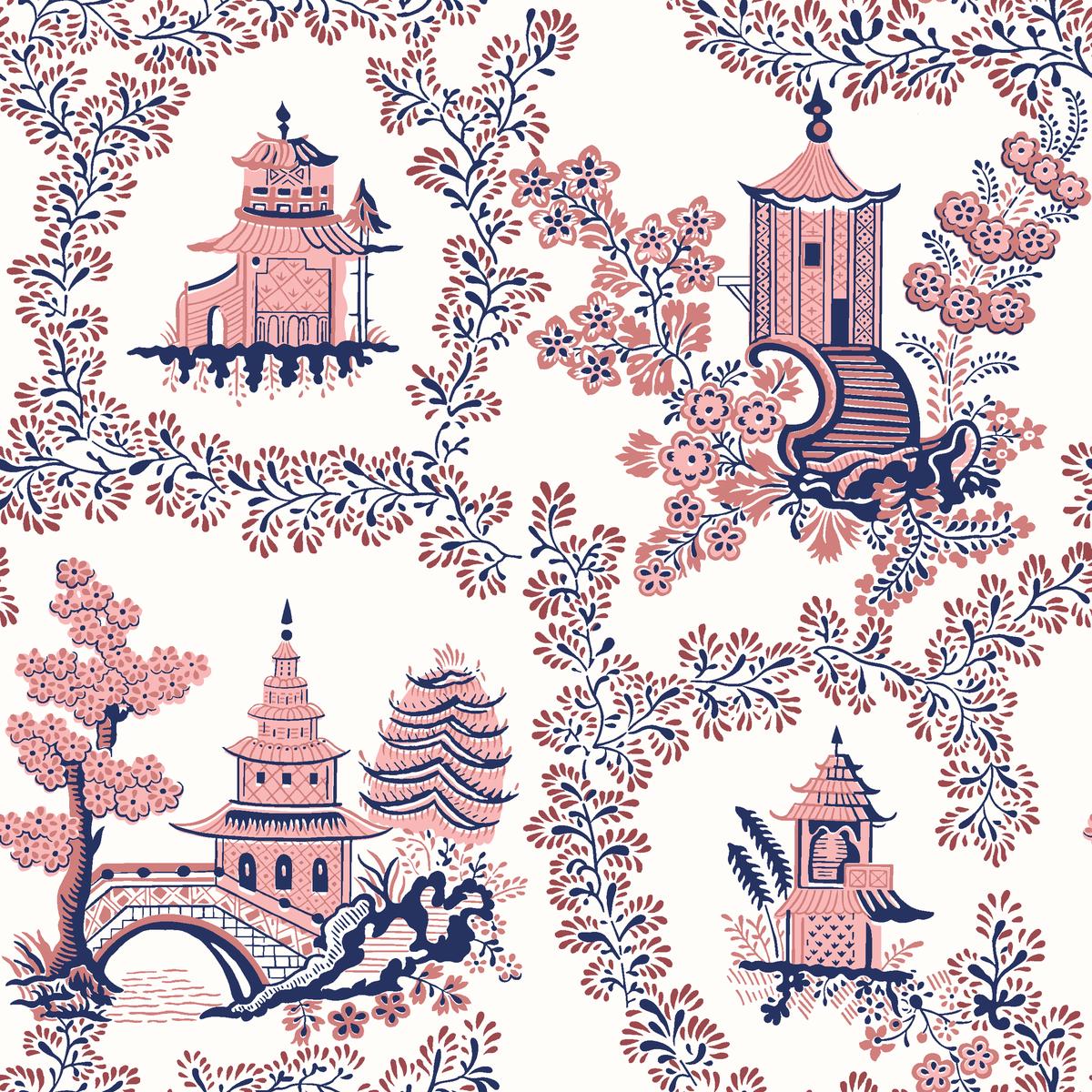 Pagoda Paradise - Coral Chinoiserie Fabric