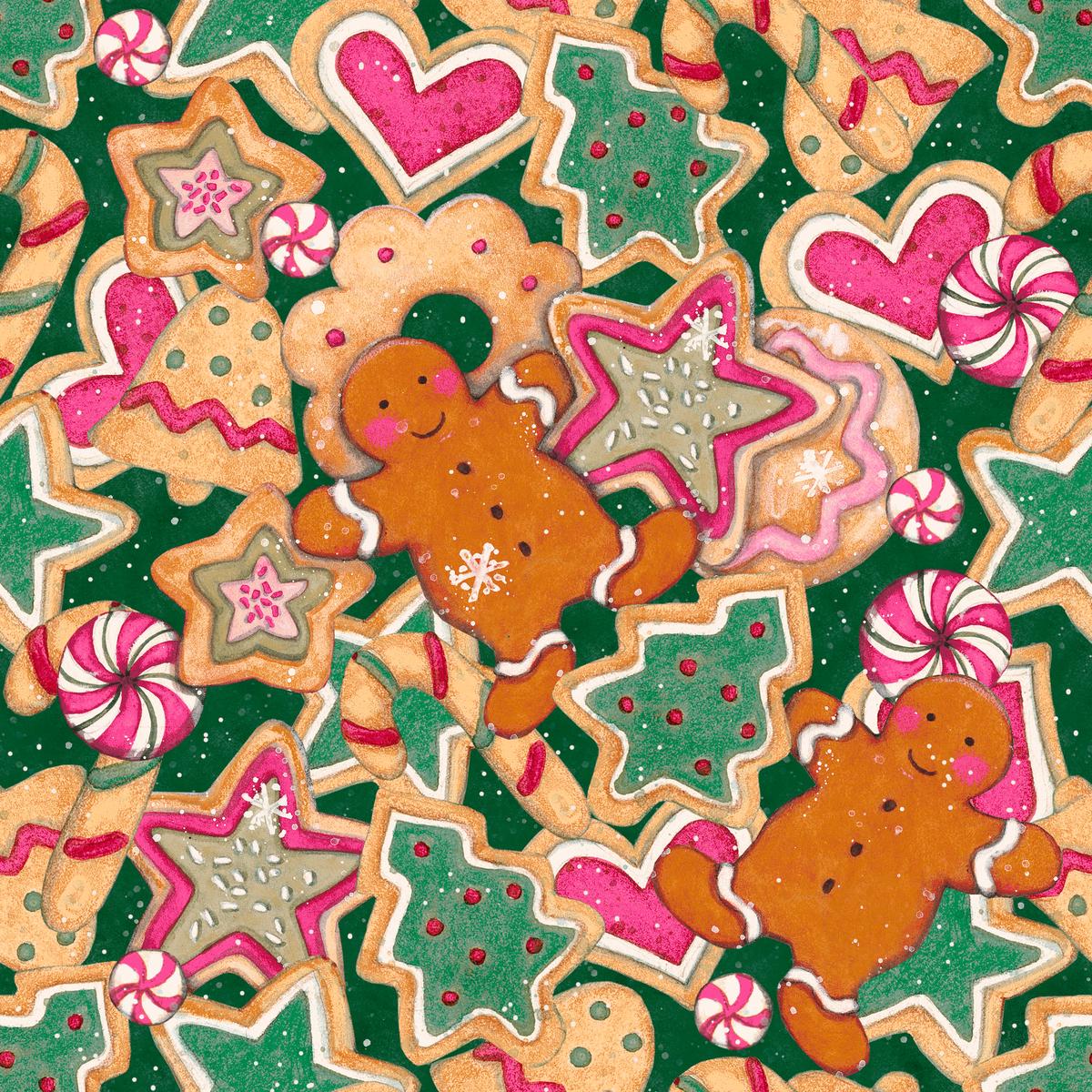 Susan Winget Gingerbread Christmas Cookie on Green and Pink Fabric