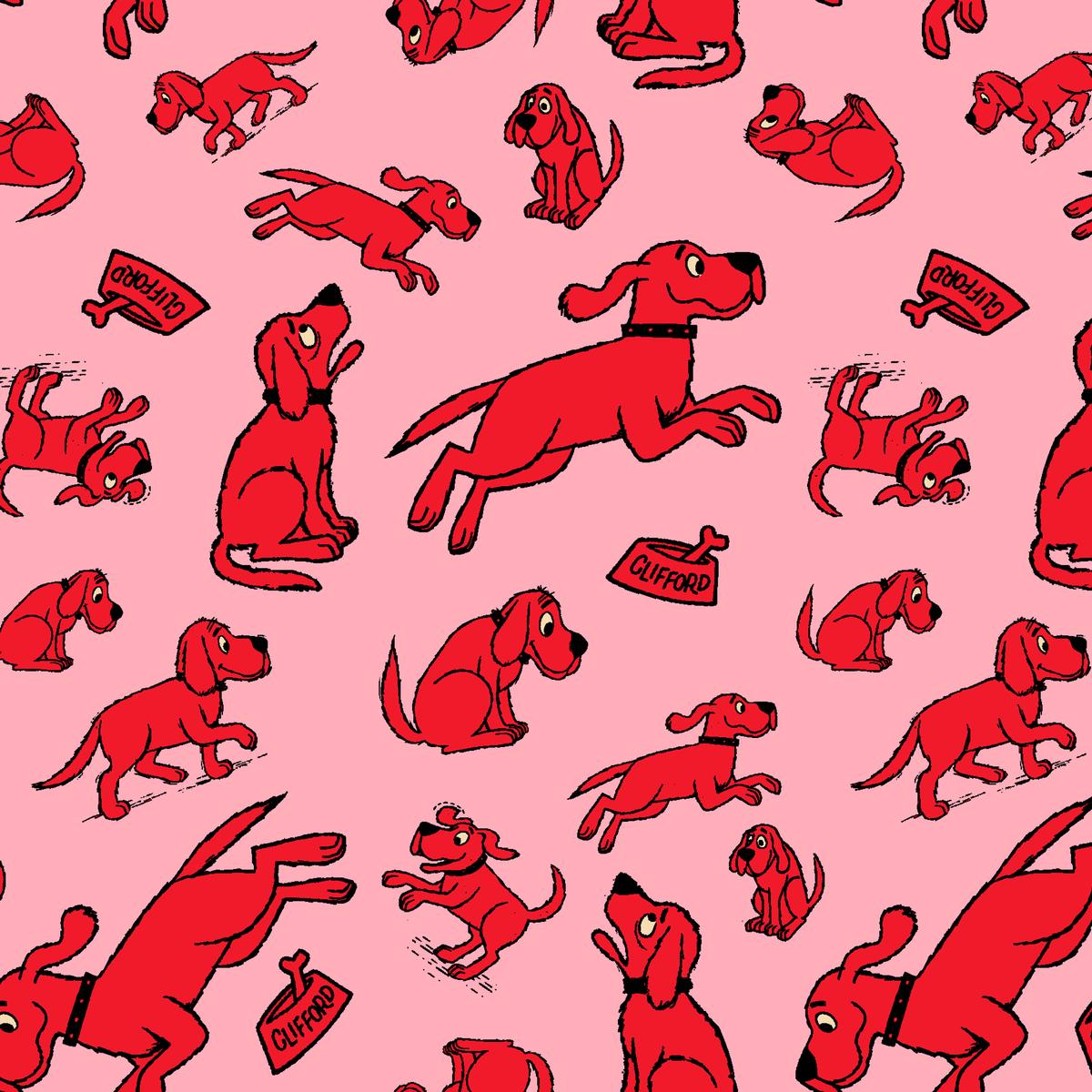 Clifford Playful Poses on Pink Fabric