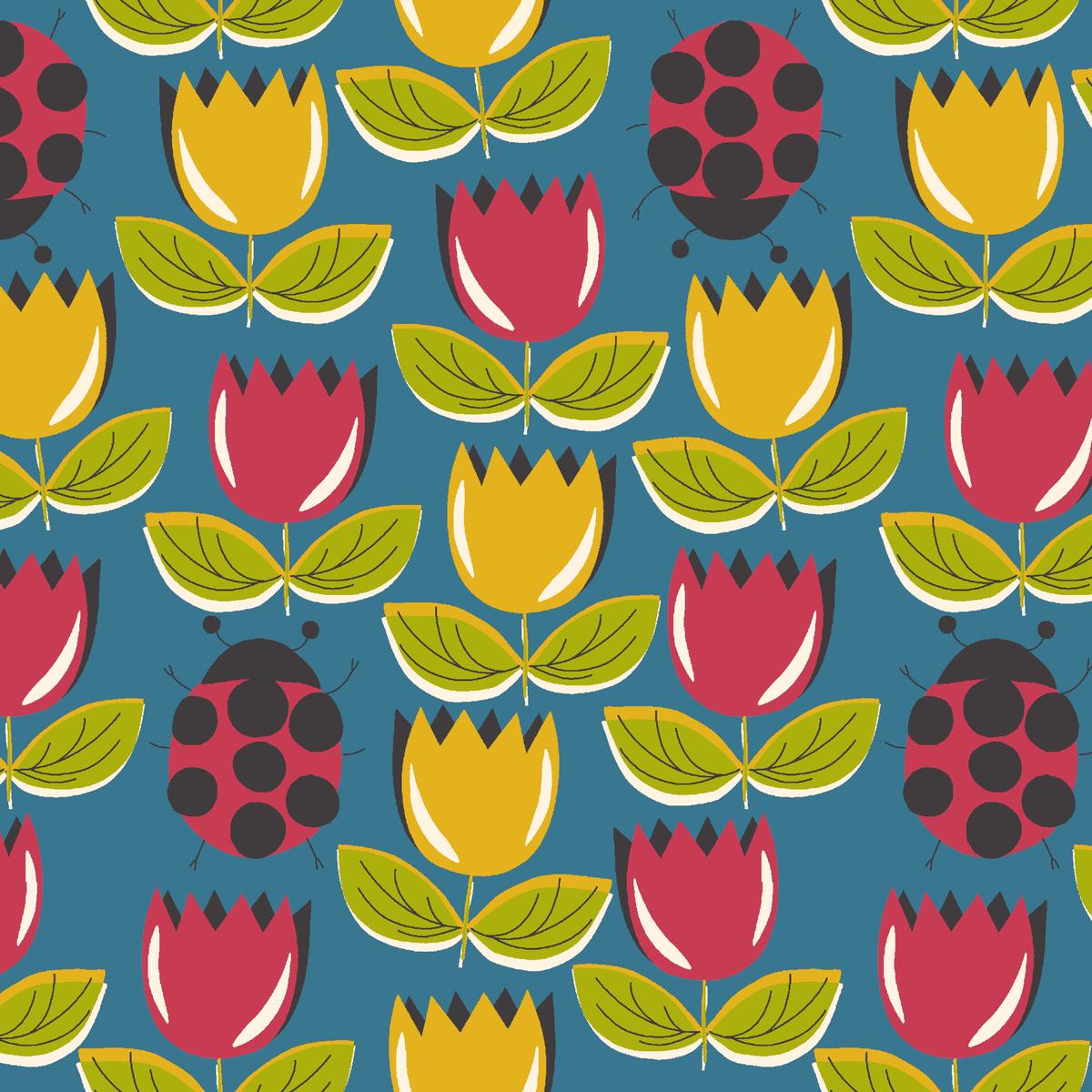 Retro Tulips and Ladybugs on Teal Fabric
