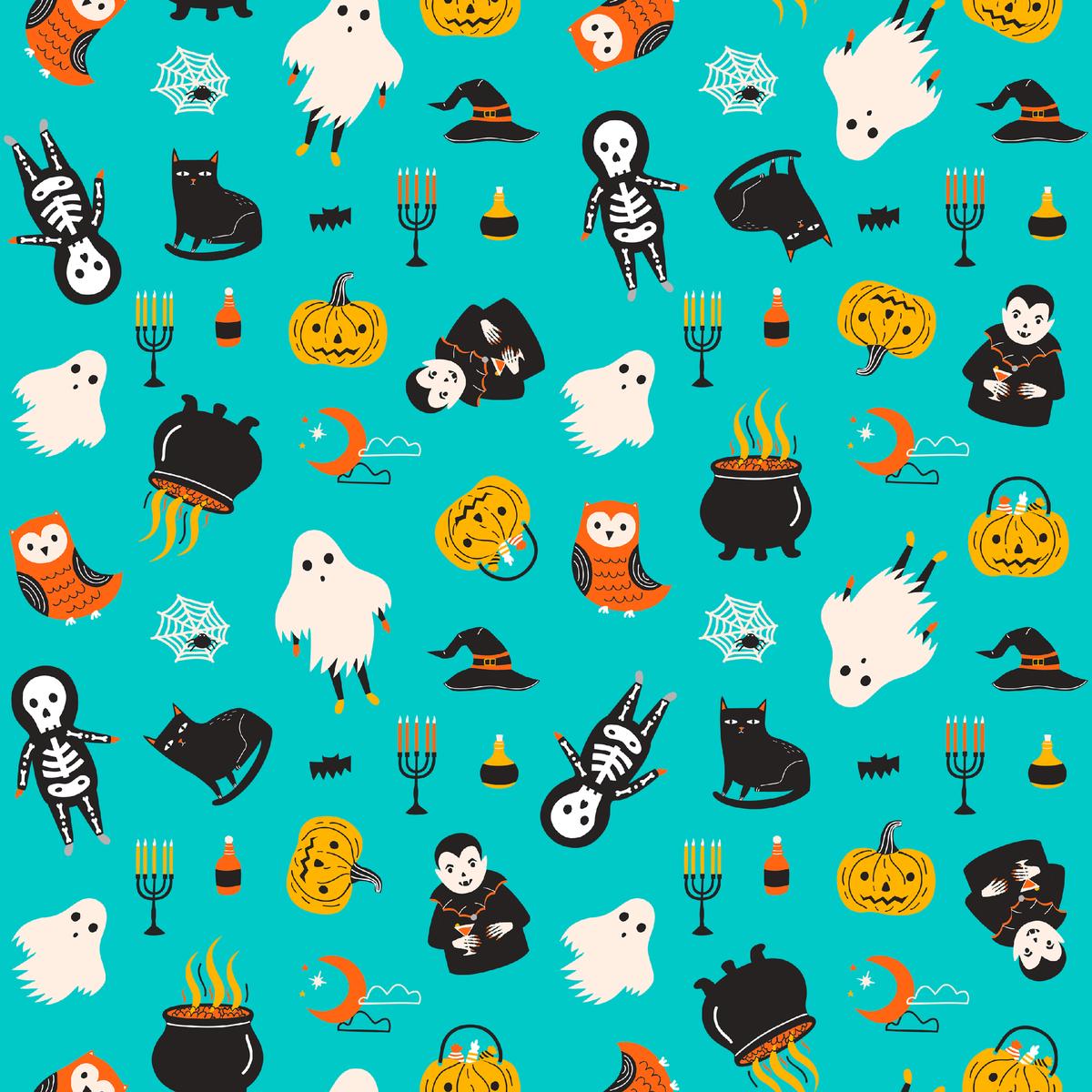 Kate Ward Thacker Halloween Icons on Aqua Fabric