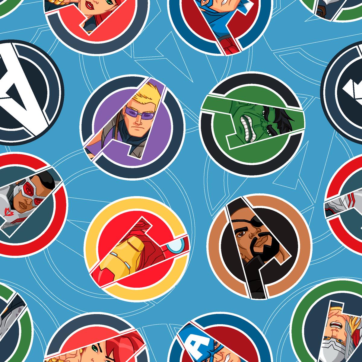 Marvel Avengers Badges on Blue Fabric