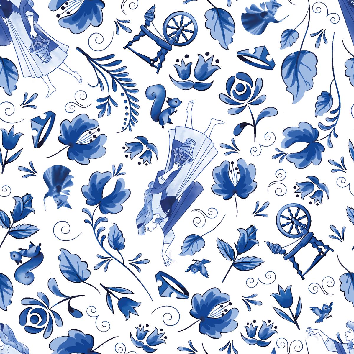 Disney Princess Aurora Blue Art Floral Toile Fabric