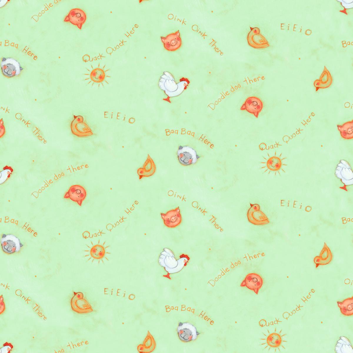 Susan Winget Barnyard Animals EIEIO on Green Fabric