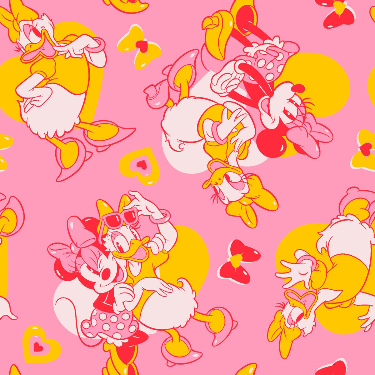 Disney Minnie Mouse and Daisy Duck Poses on Bright Pink Fabric