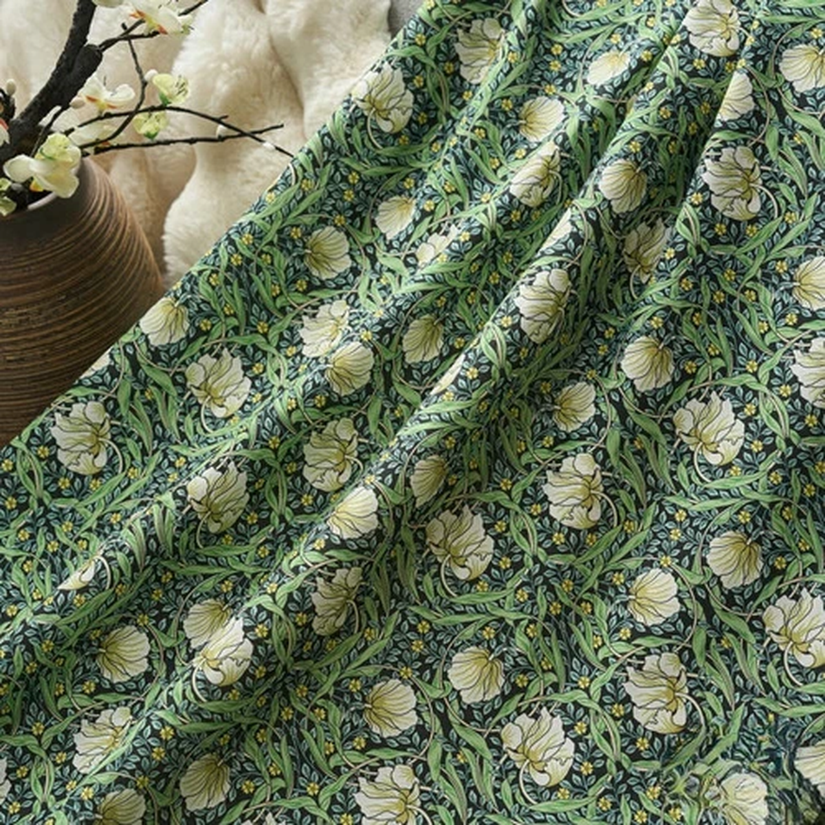 Vintage Vine Flower William Morris Pattern Fabric,DIY Cotton Hand Printed Fabric