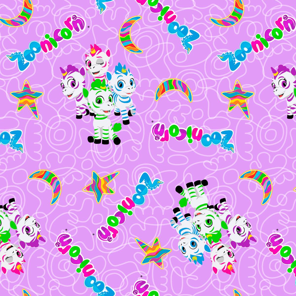 Zoonicorn Squiggle Group Characters on Lavender Fabric