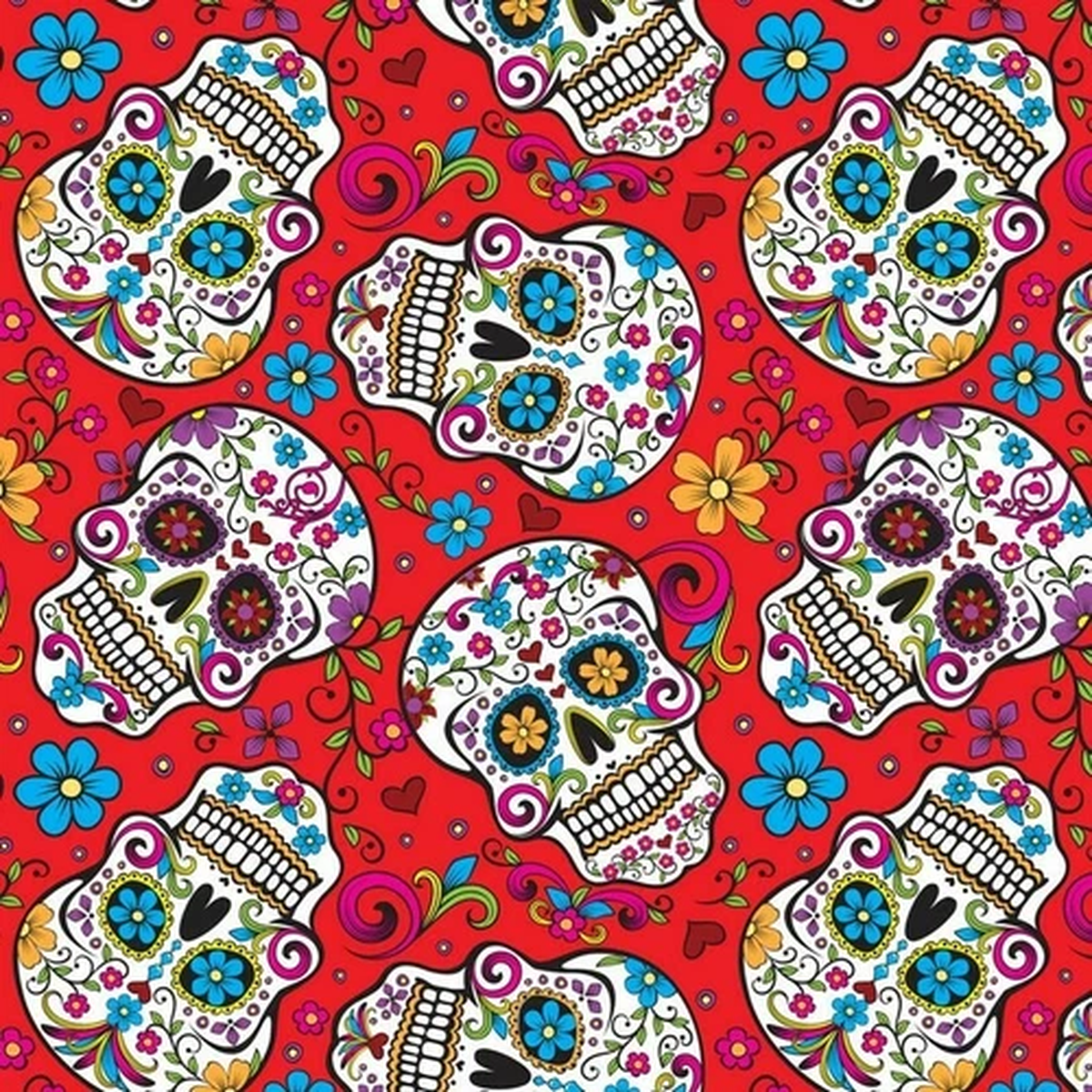 15 YARD BOLT Red Sugar Skulls Cotton Fabric Folkloric Skull Flower David Textile
