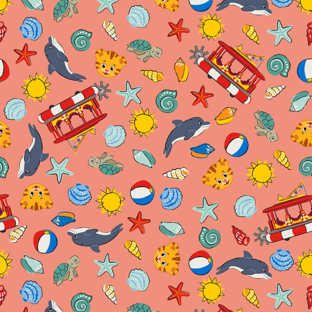 Daniel Tiger with Trolley Boat on Coral Pink Fabric