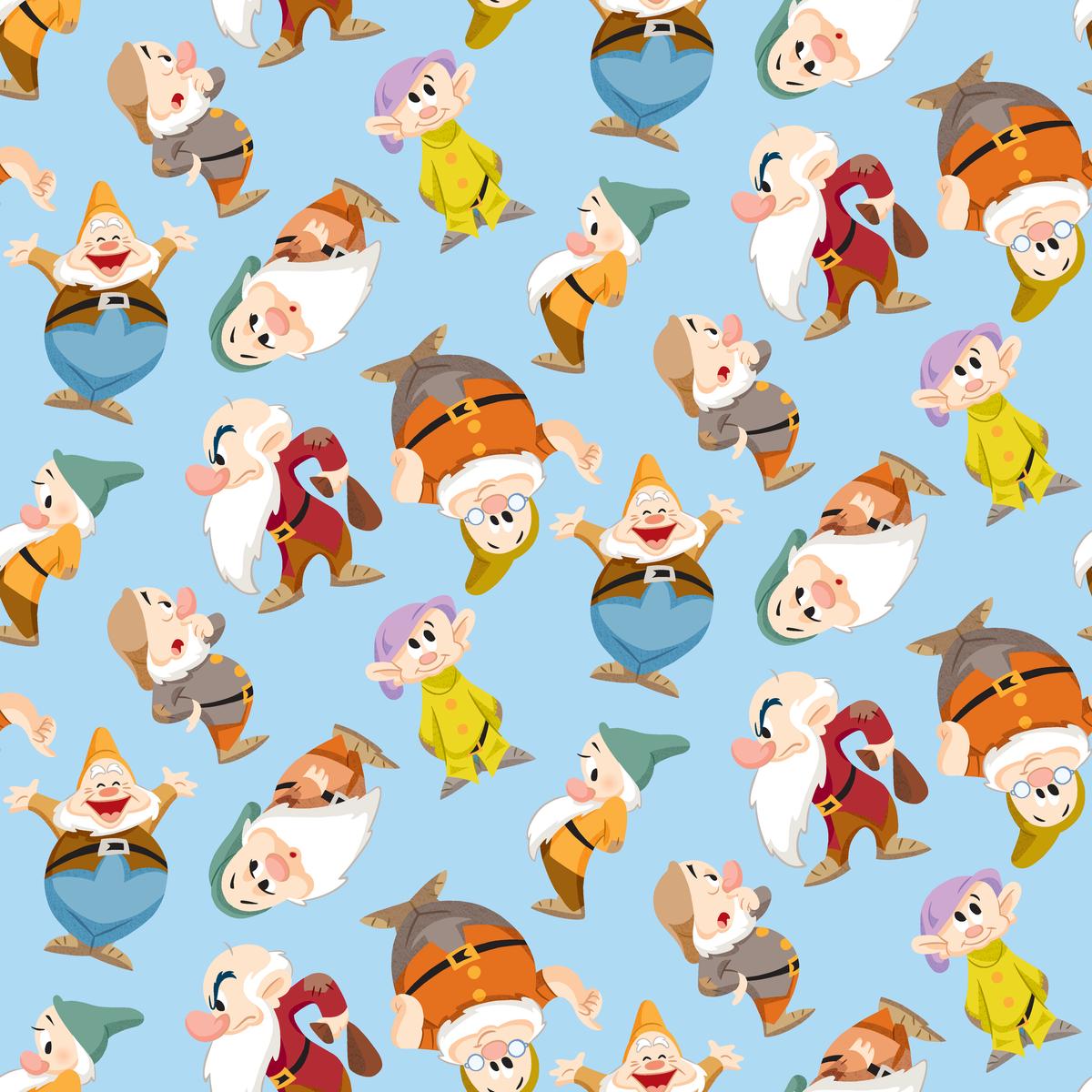 Disney Snow White Seven Helpers on Blue Fabric
