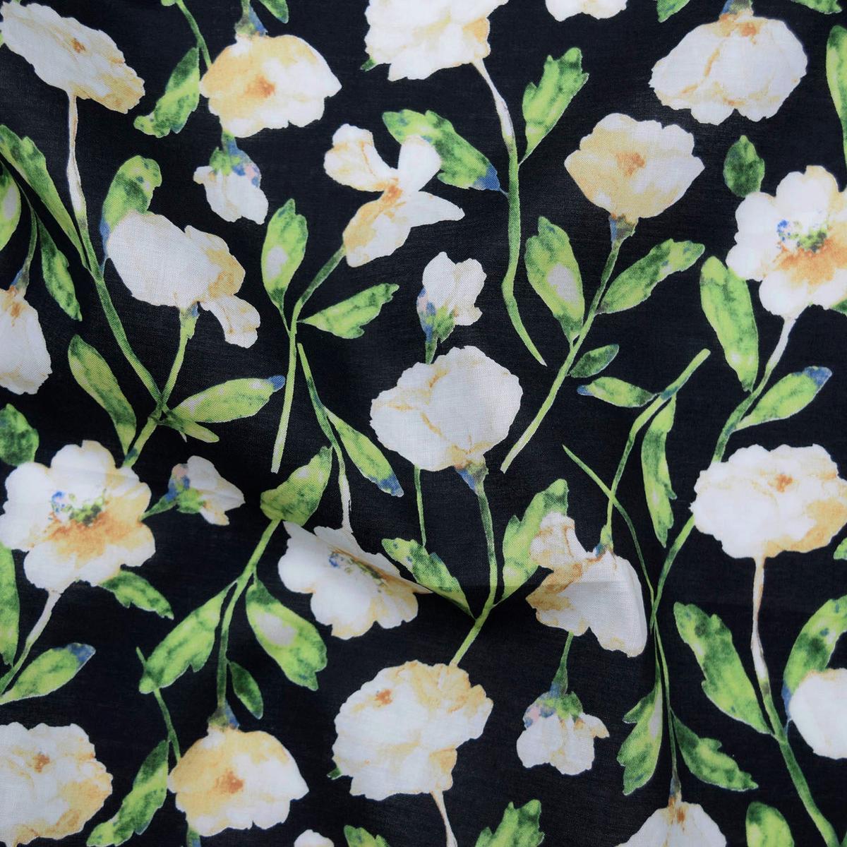 Flownny Watercolor Peony Cotton Lawn - Black NFA-1050-51