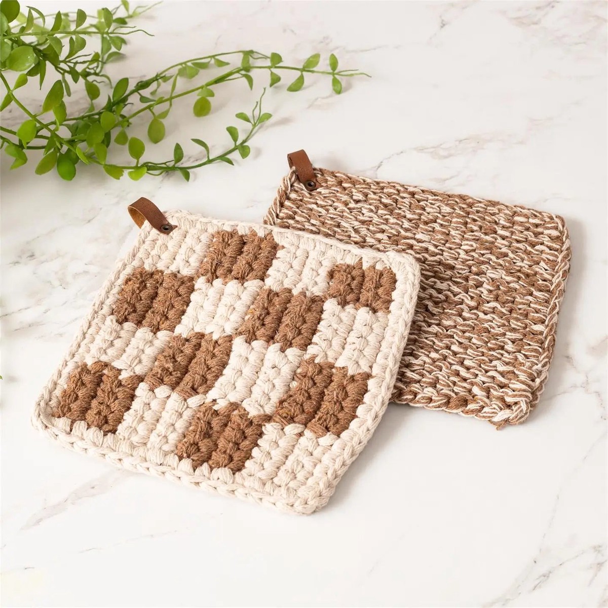Knitted Pot Holder Brown & Cream (2 styles)