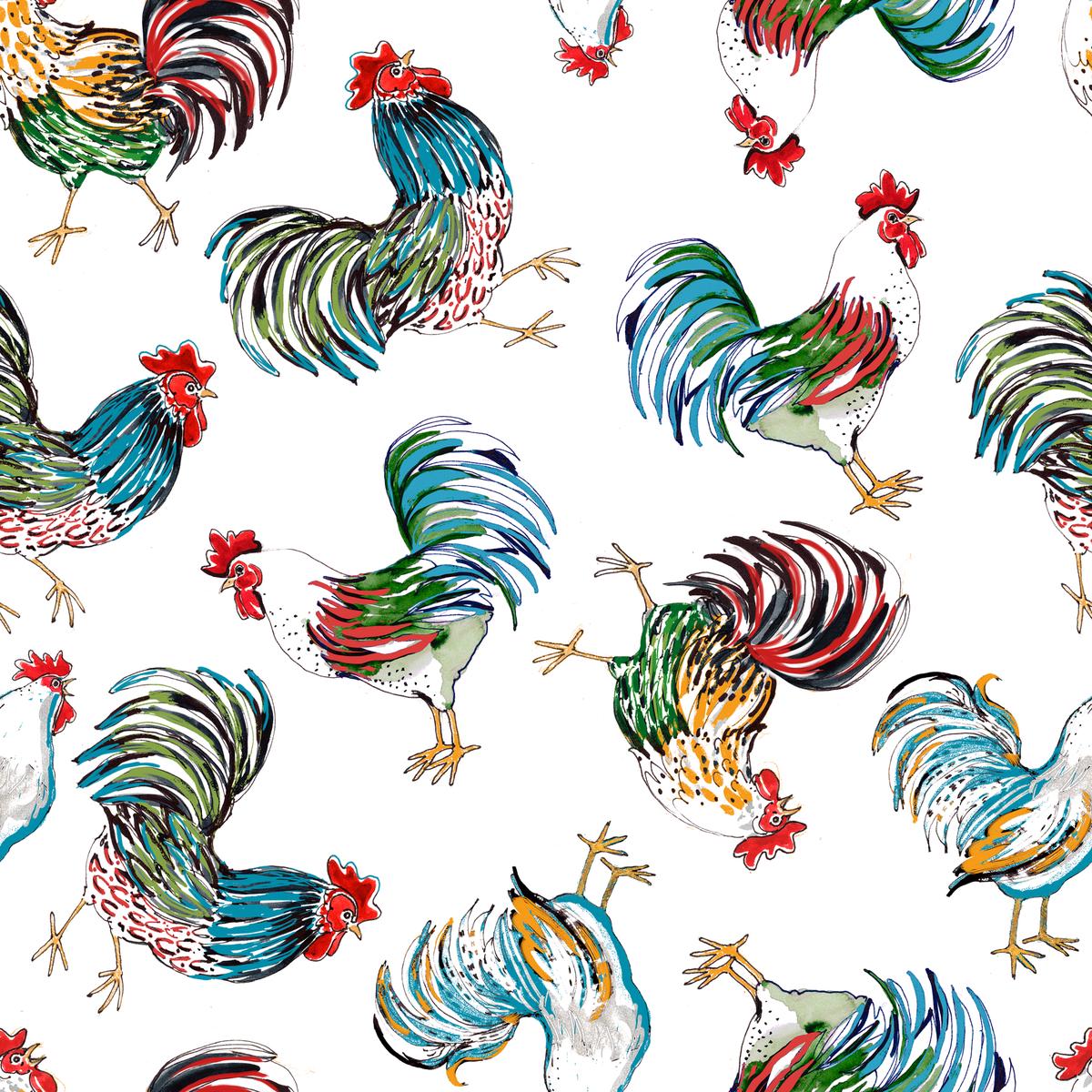 Susan Winget - Farmhouse Strut - Watercolor Roosters White Fabric