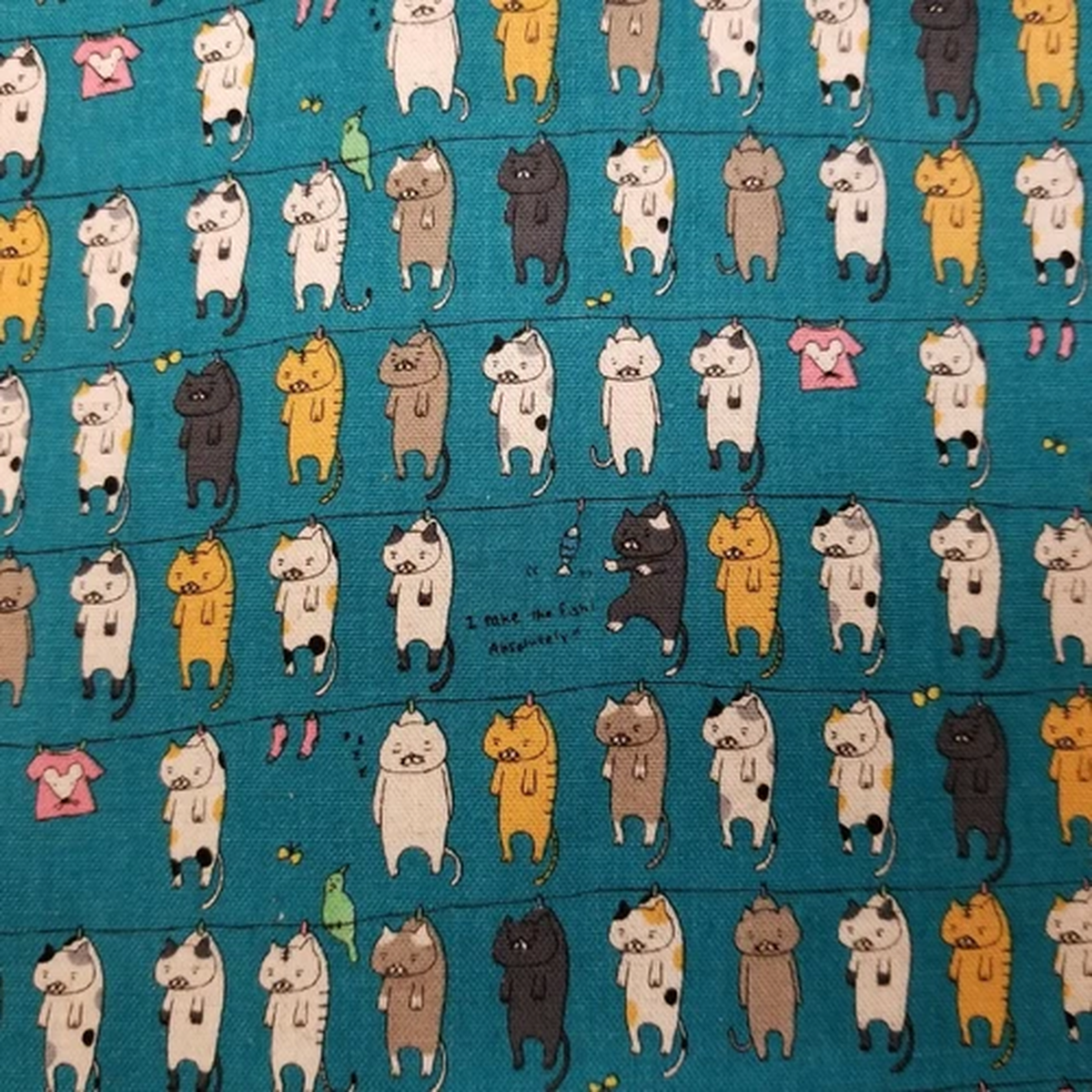 Tiny Cats Dangling on Teal Japanese Cotton/Linen Shirting/Light Duck Cloth
