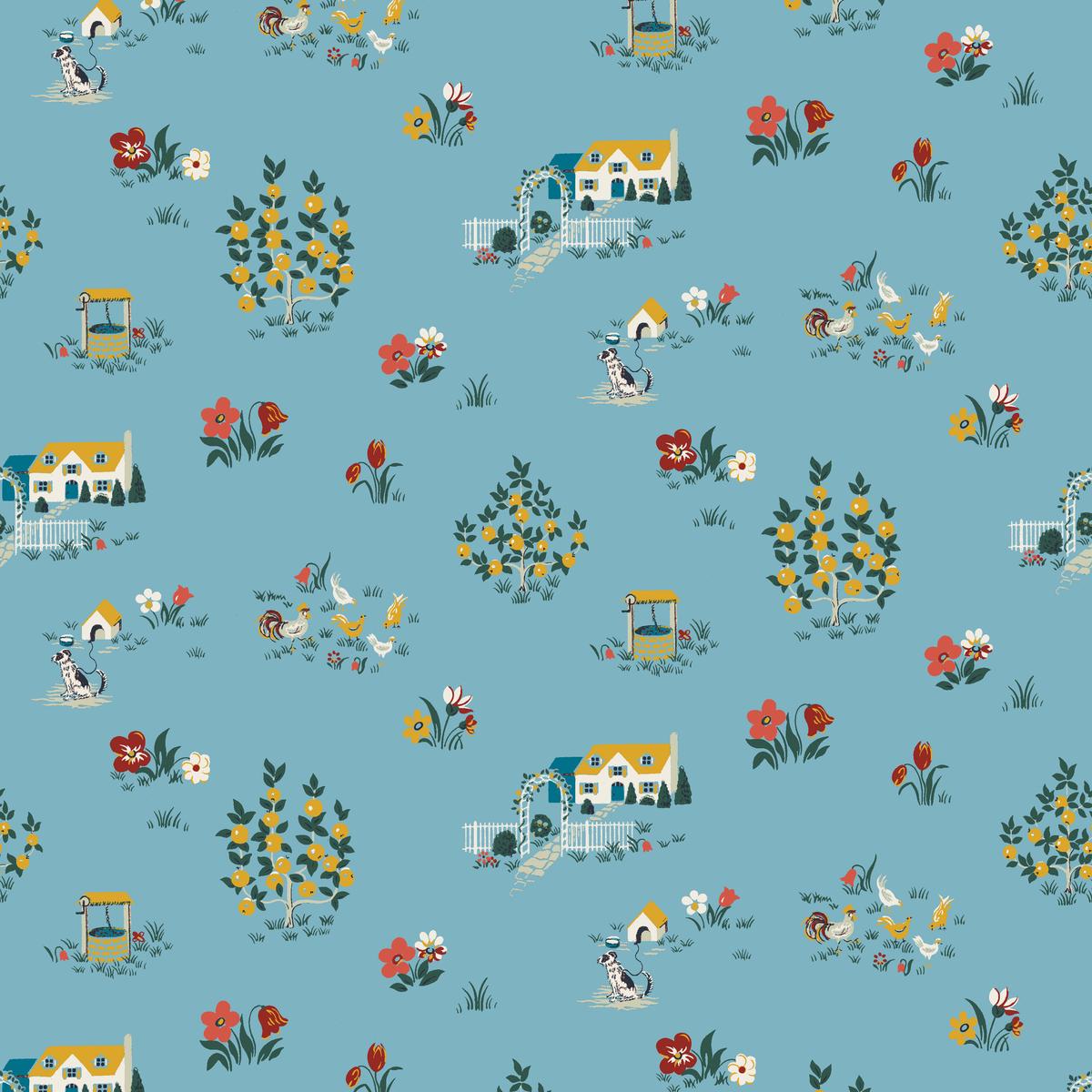 Cottage Garden Toile on Blue Fabric