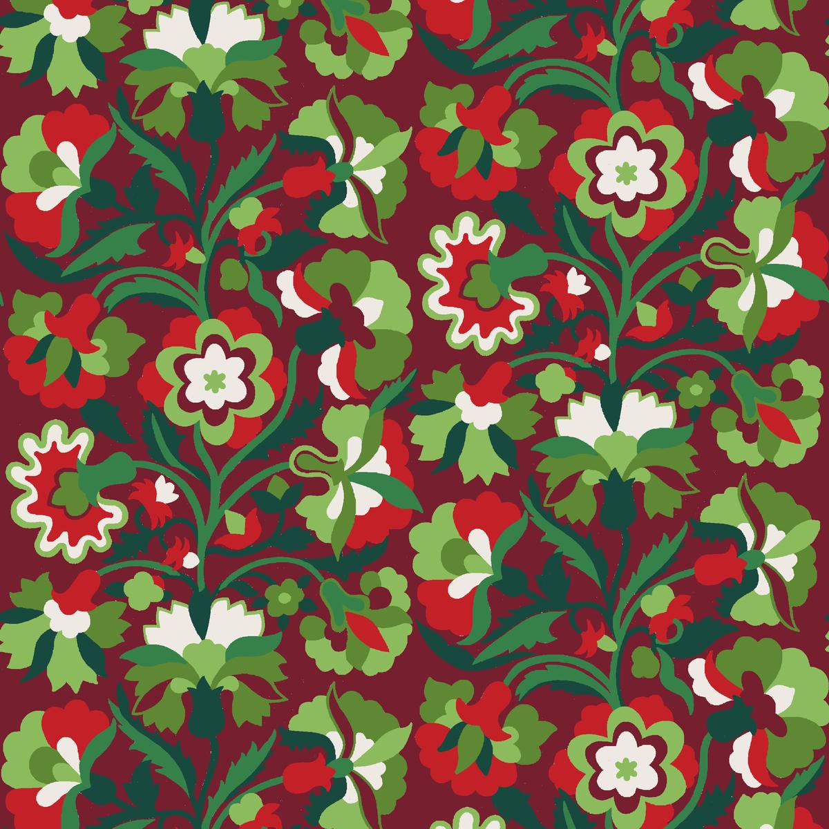 Festive Flora on Green & Red Fabric
