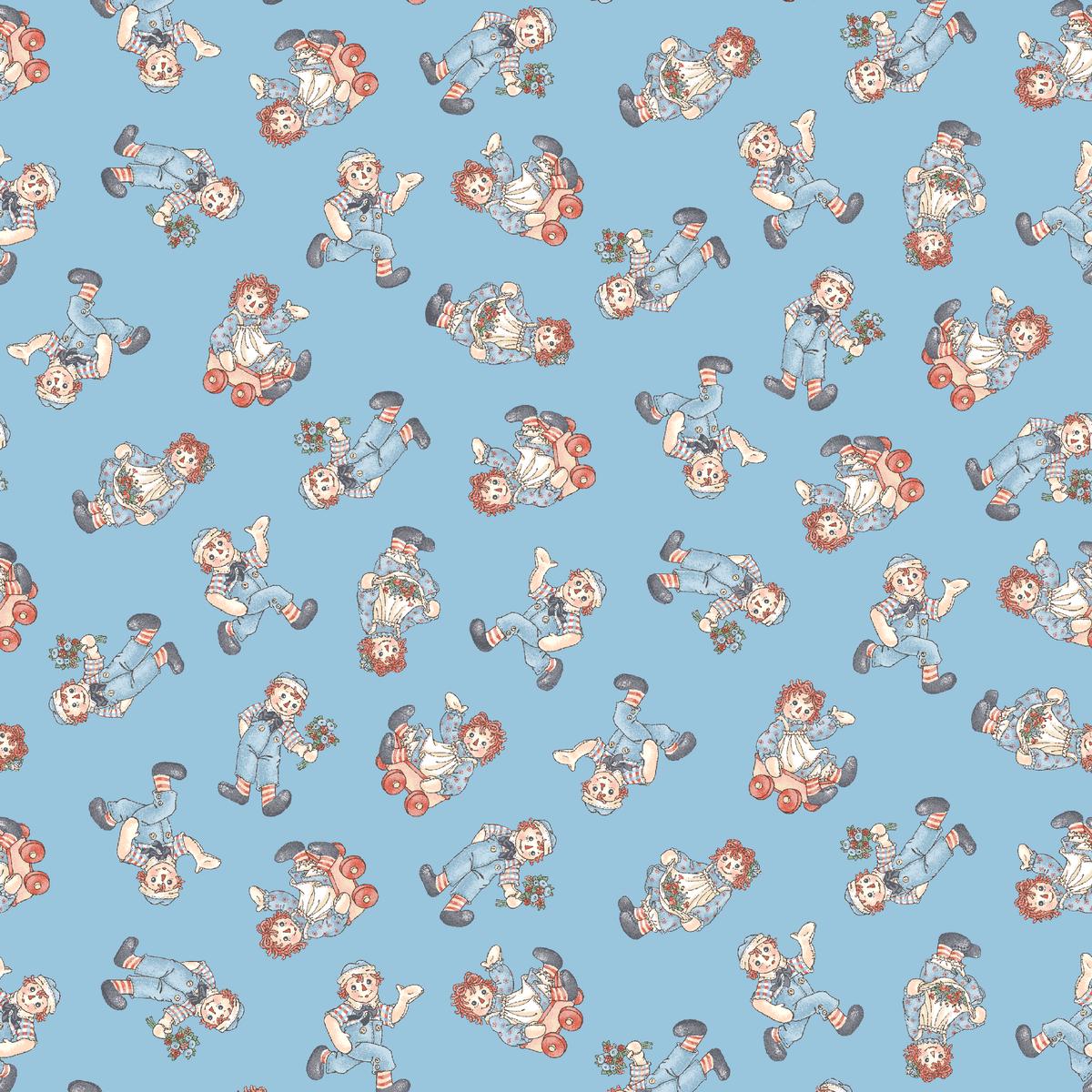 Raggedy Ann and Andy Toss Light Blue Fabric