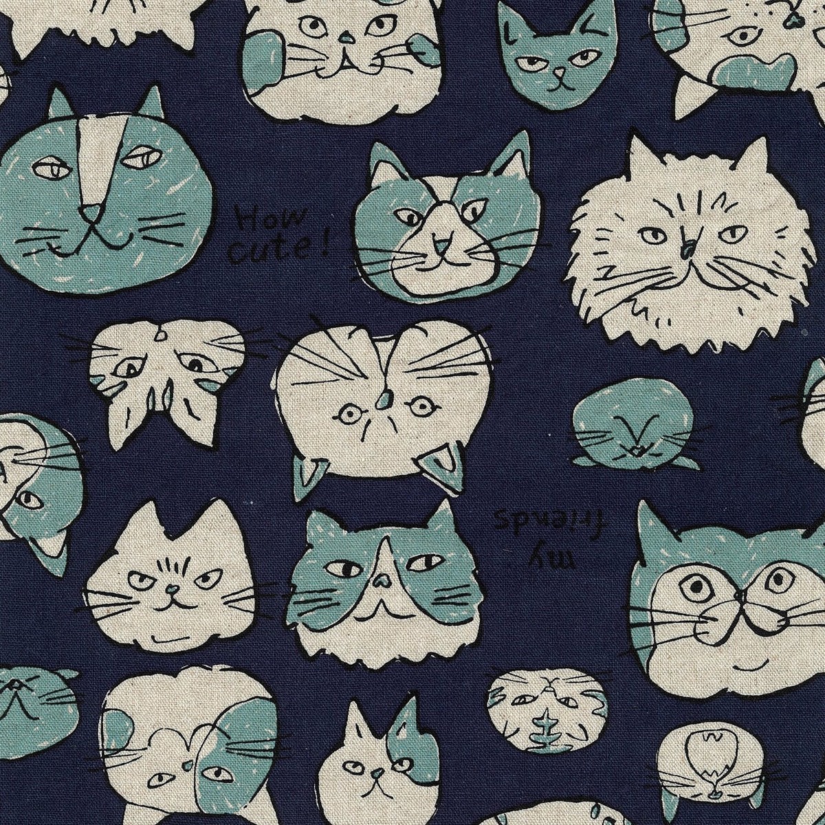 Doodle Animals Cat Cotton Linen Canvas - Navy YKA-36000-1