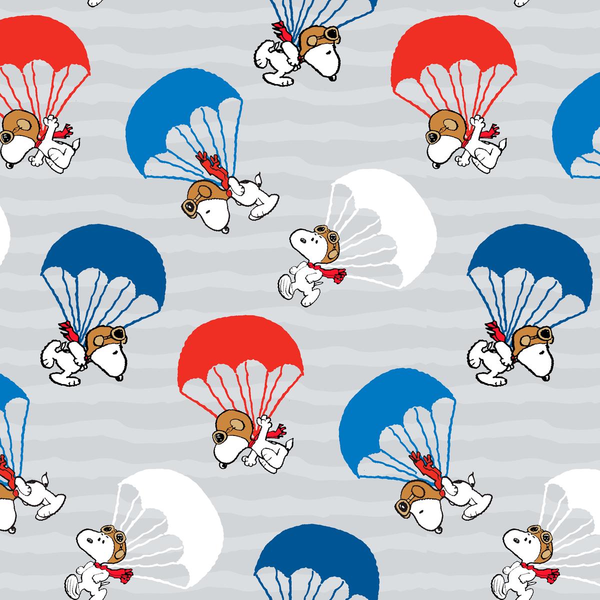 Peanuts Snoopy Skydiving Parachute on Gray Fabric