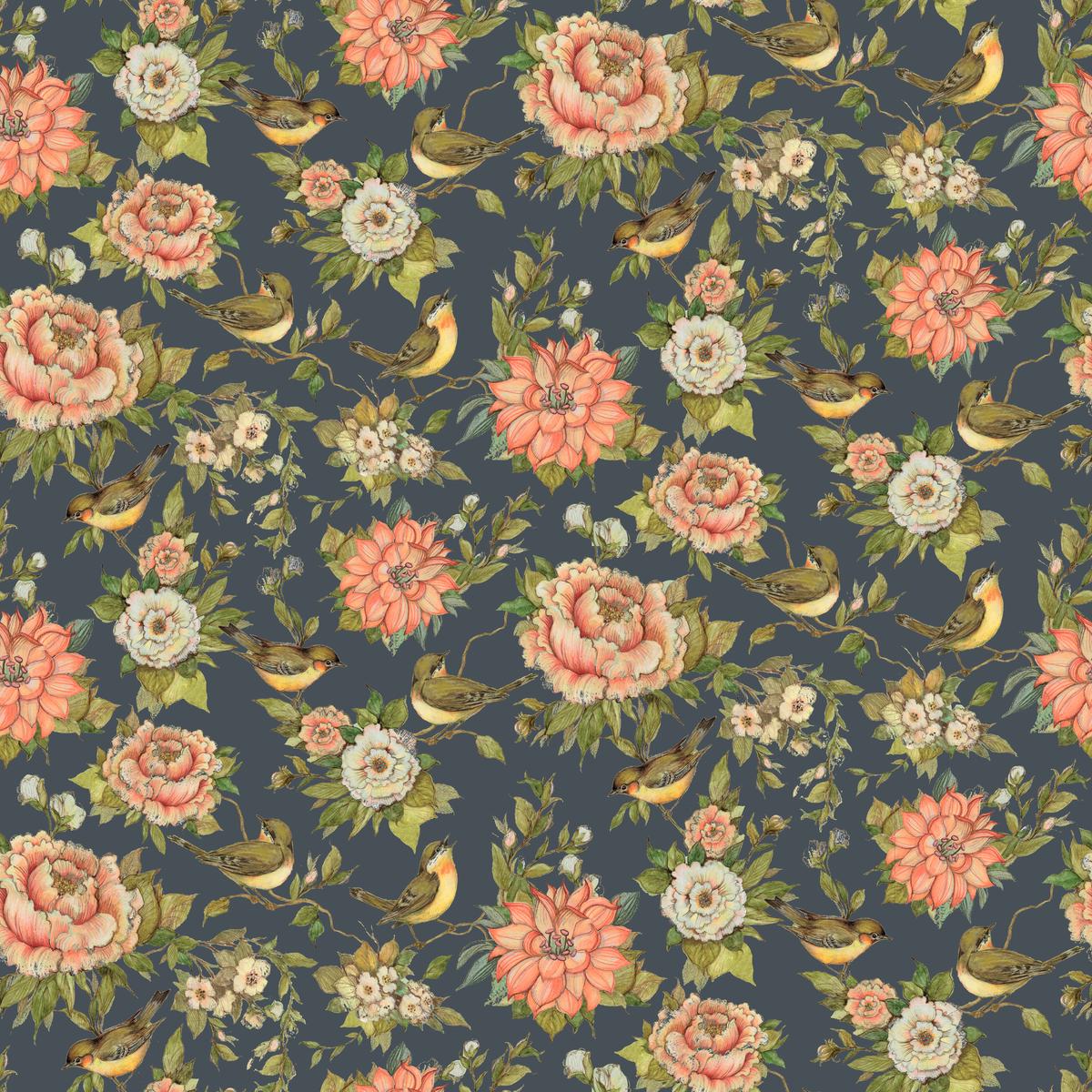 Susan Winget - Botanical Songbirds - Charcoal Floral Fabric