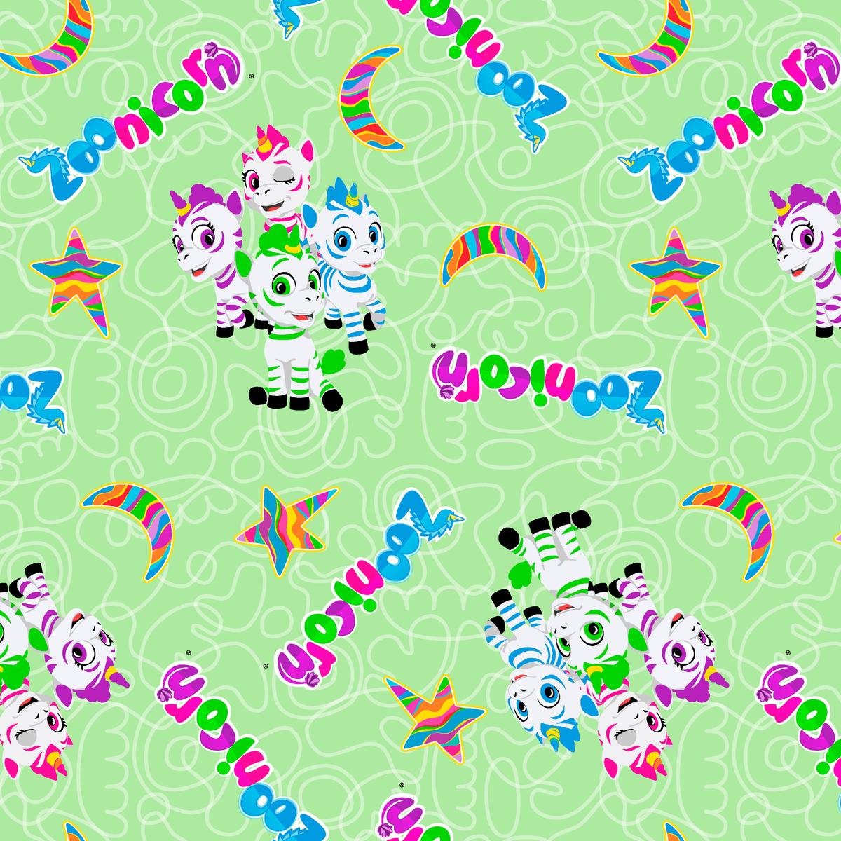 Zoonicorn Squiggle Group Characters on Green Fabric