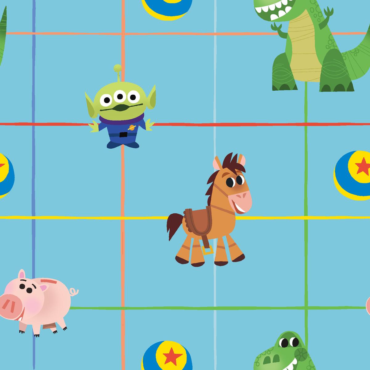 Disney and Pixar's Toy Story Characters on Blue Grid Fabric