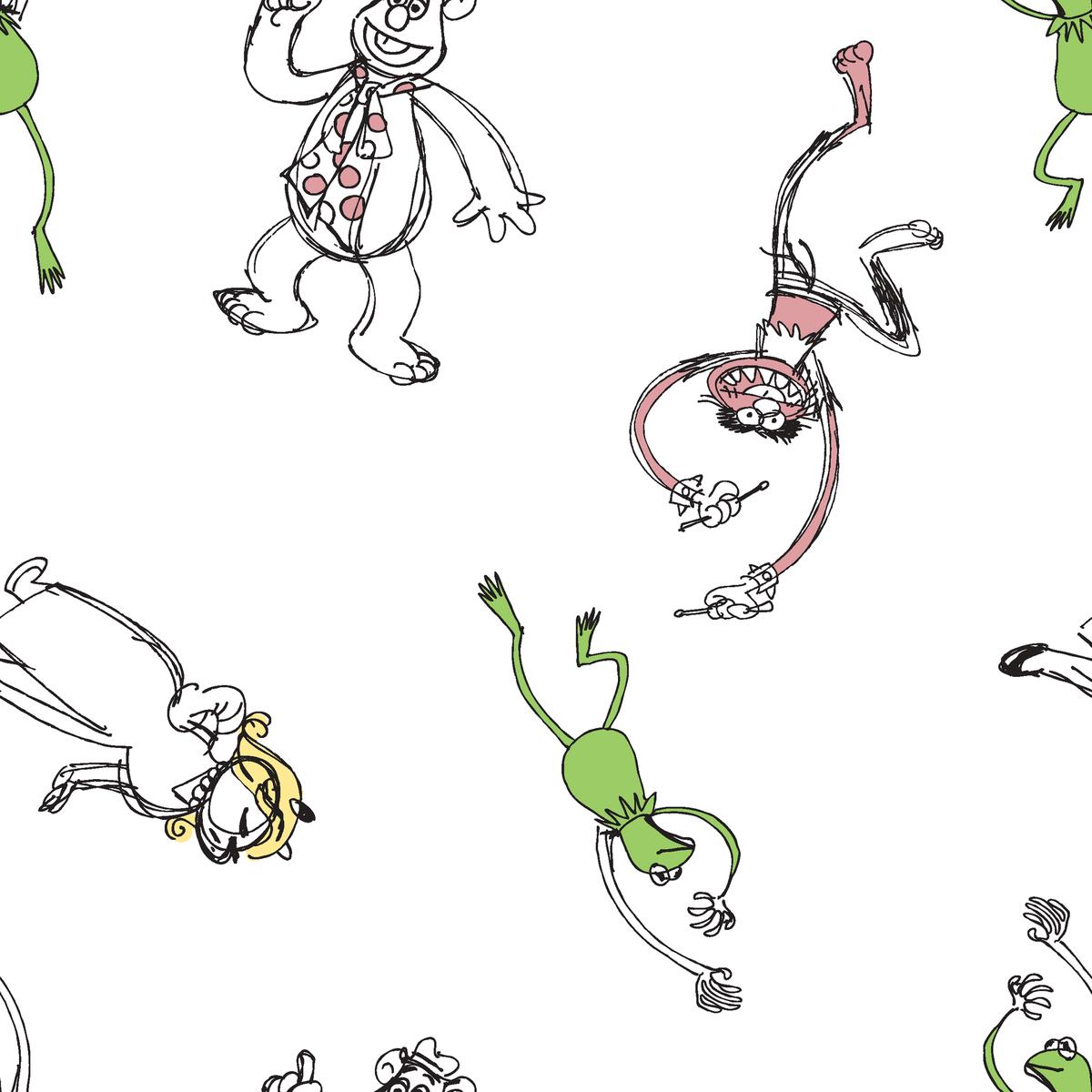 Disney Muppet Playful Sketch Pattern on White Fabric