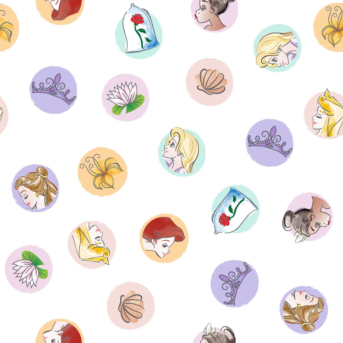 Disney Princess Icons Pattern on White Fabric