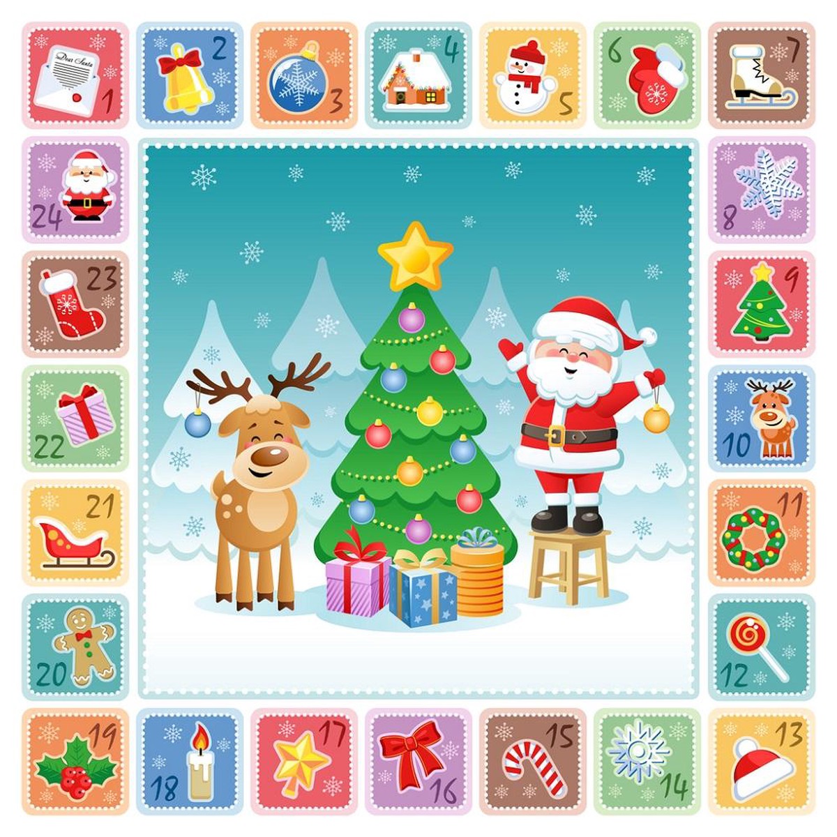 Cute Santa Reindeer Christmas Advent Calendar Fabric Panel
