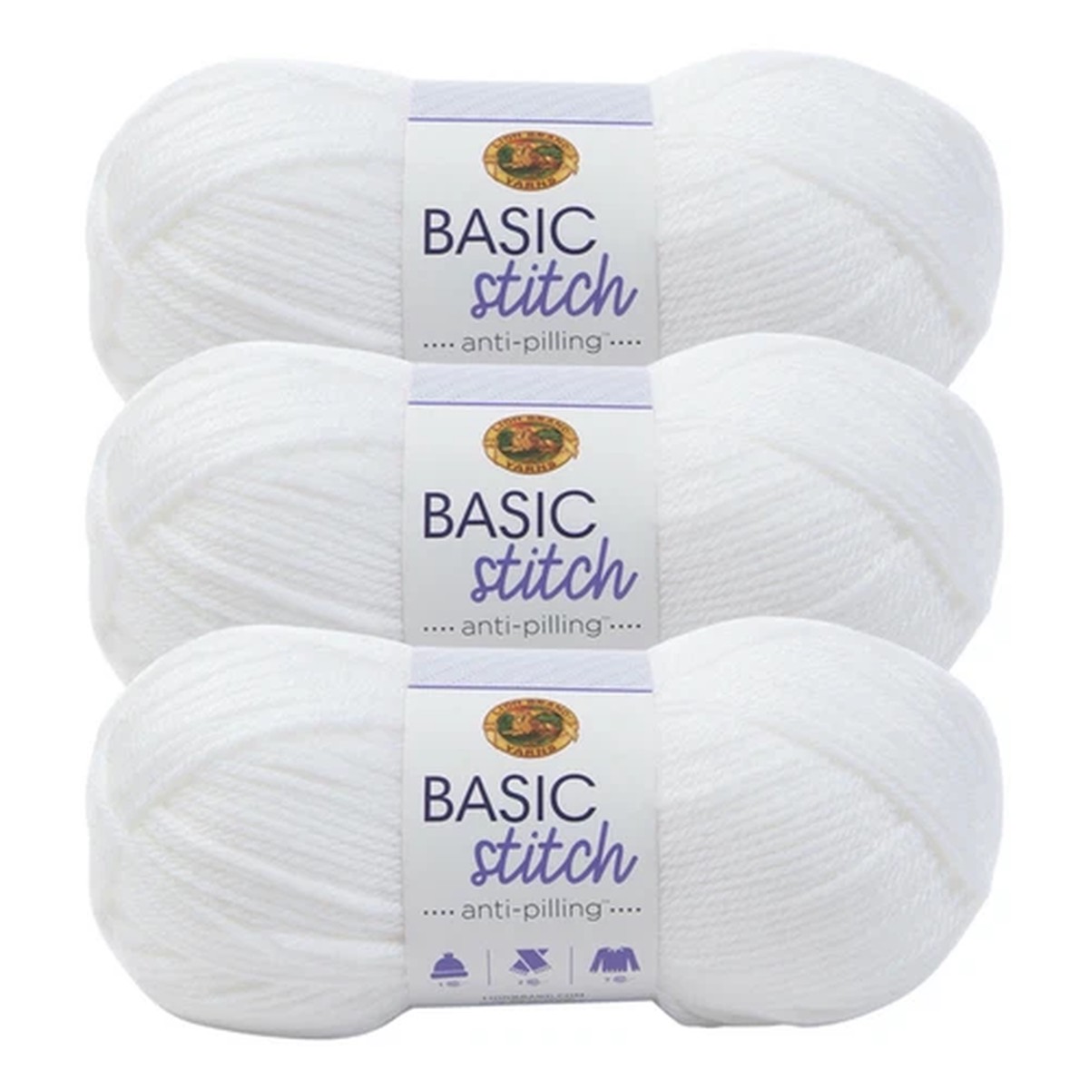 (3 Pack) Lion Brand Yarn 202-100 Basic Stitch Anti Pilling Yarn, White