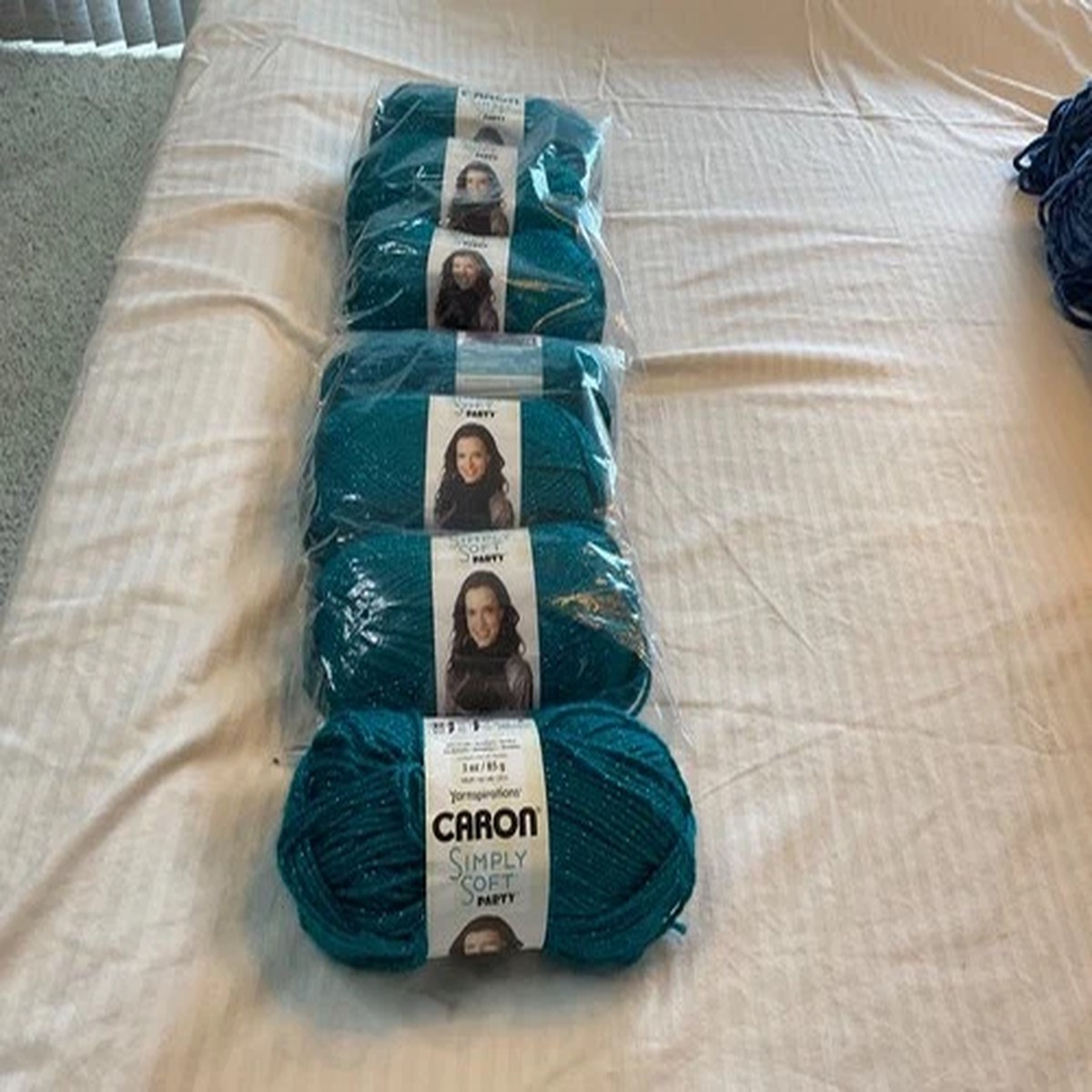 $4 for 1.   7 NEW skeins available.  Teal Sparkly Caron Simply soft yarn.