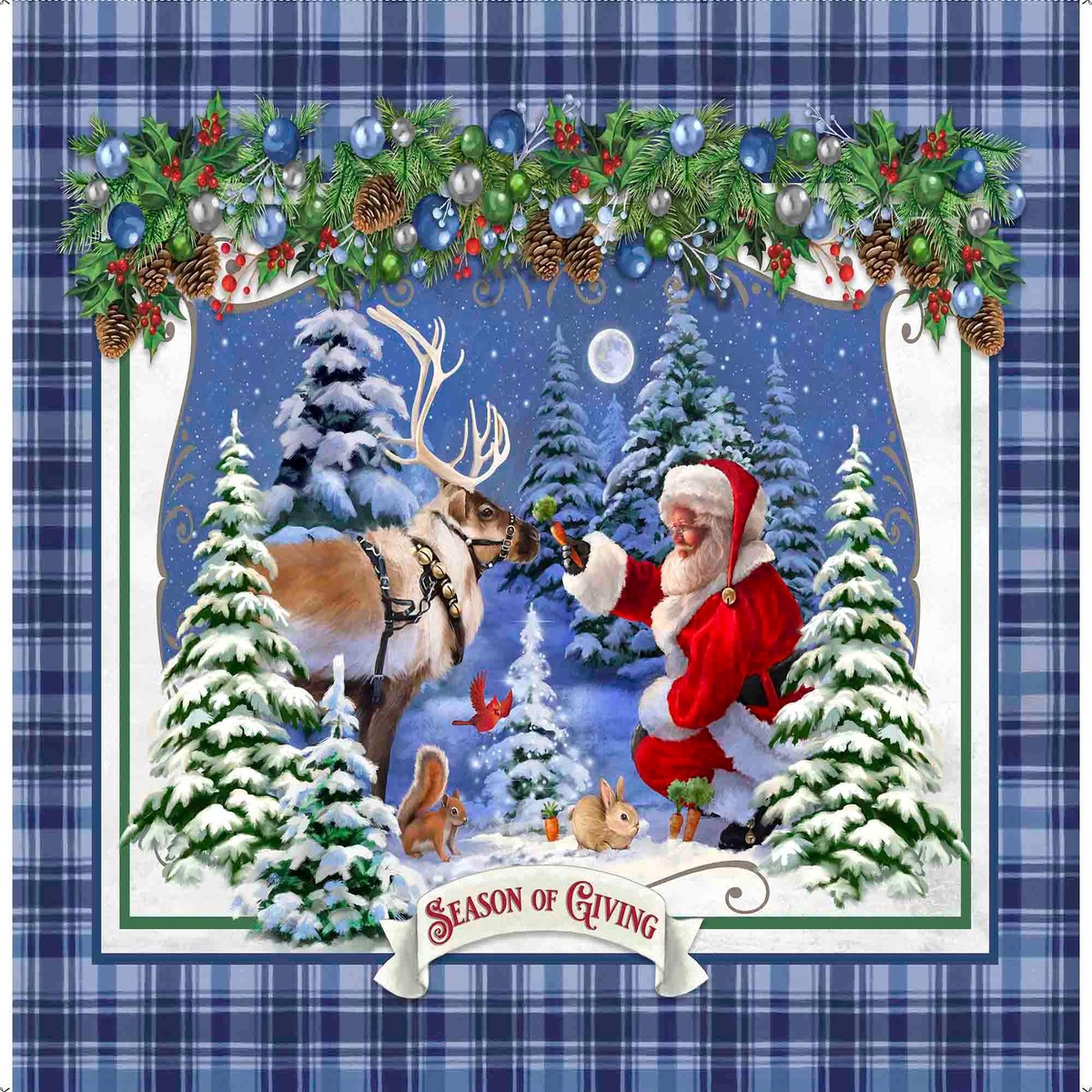 SALE Season Of Giving Santa & Reindeer Panel 31018 Denim W - QT Fabrics - Christmas Holiday Winter - Quilting Cotton Fabric