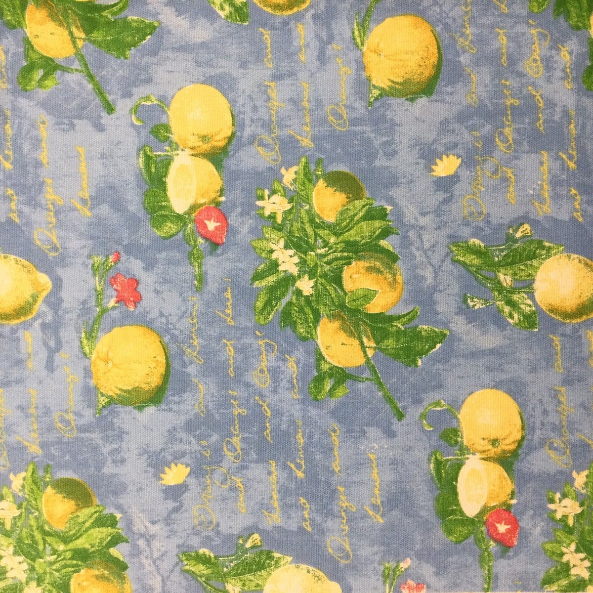 “Citrus Grove” Waverly | Orange and Lemons with Script Blue / Yellow | Home Decor / Drapery Fabric | 54″ Wide | By the Yard