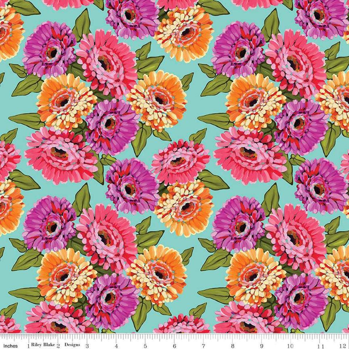 Zinnias Main CD16690 Aqua – Riley Blake Designs – DIGITALLY PRINTED Floral Flowers Leaf Leaves – Quilting Cotton Fabric