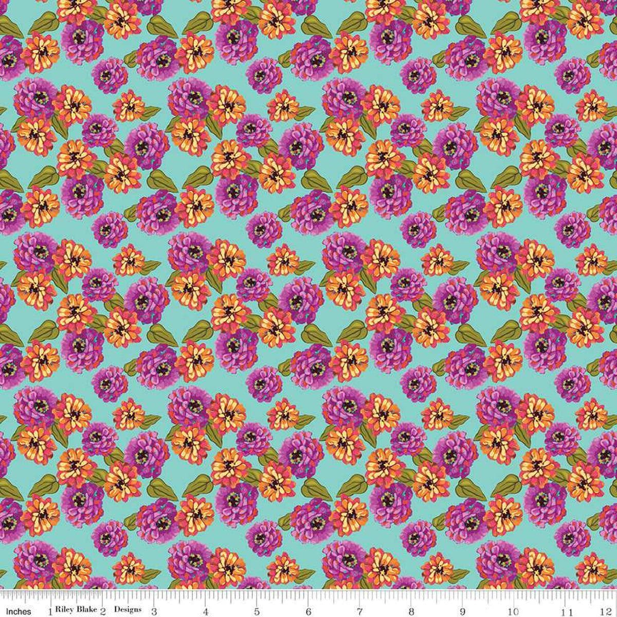 Zinnias Zinnias CD16693 Aqua – Riley Blake Designs – DIGITALLY PRINTED Floral Flowers Blossoms – Quilting Cotton Fabric