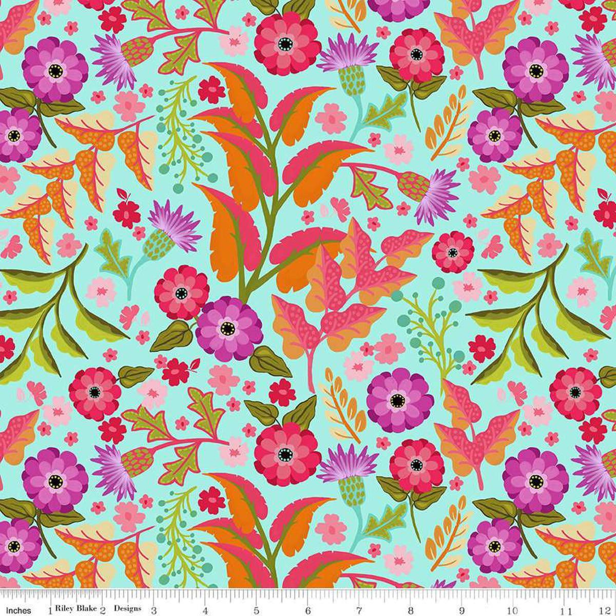 Zinnias Floral CD16691 Aqua – Riley Blake Designs – DIGITALLY PRINTED Flowers Petal Leaf Leaves – Quilting Cotton Fabric