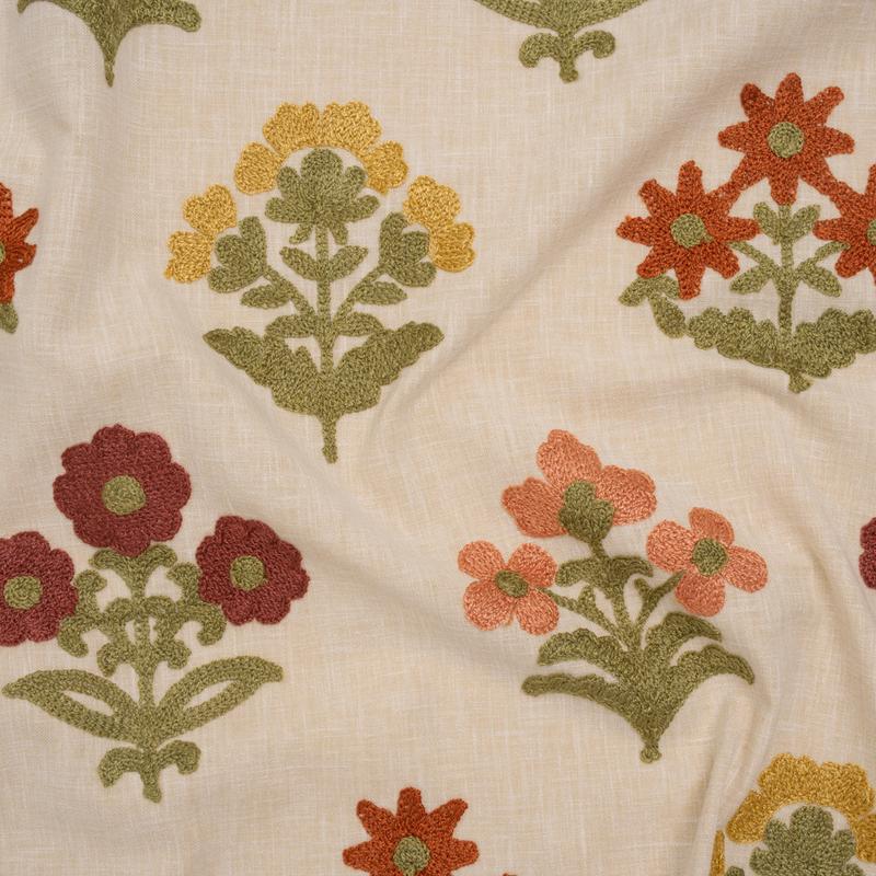 Polyester and Cotton Slubbed Drapery Woven with Viscose Embroidery - Terracotta Simple Flowers - British Imported