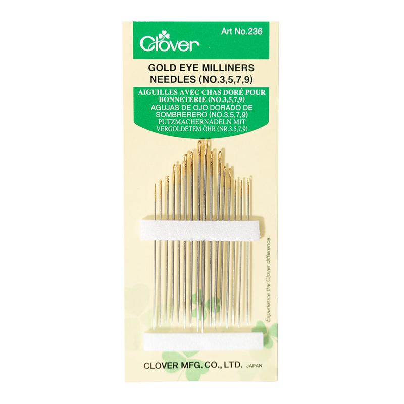Clover Gold Eye Milliners Needles – Sizes 3, 5, 7, 9 – 16 ct
