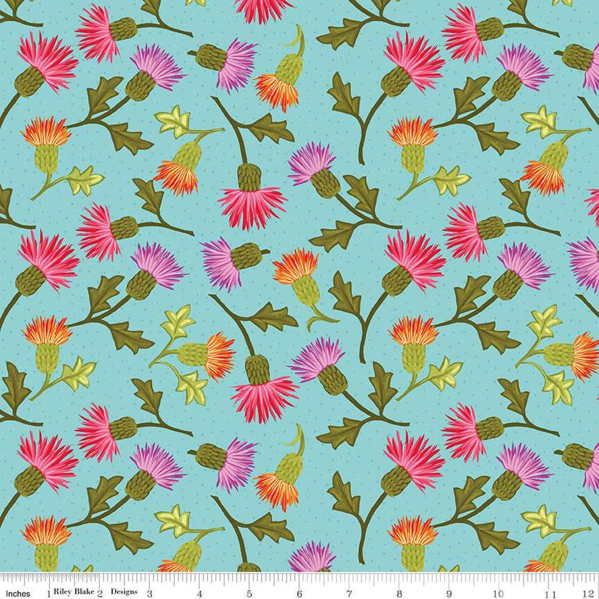 Zinnias Thistles CD16692 Aqua – Riley Blake Designs – DIGITALLY PRINTED Floral Leaf Leaves – Quilting Cotton Fabric