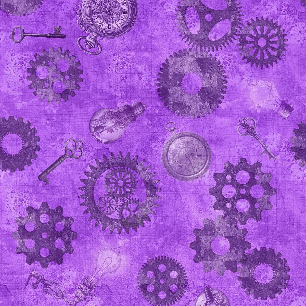 Steampunk Halloween 3 Gears 31223 Purple V - - QT Fabrics - Pocket Watch Key Lightbulb Victorian Tech - Quilting Cotton Fabric